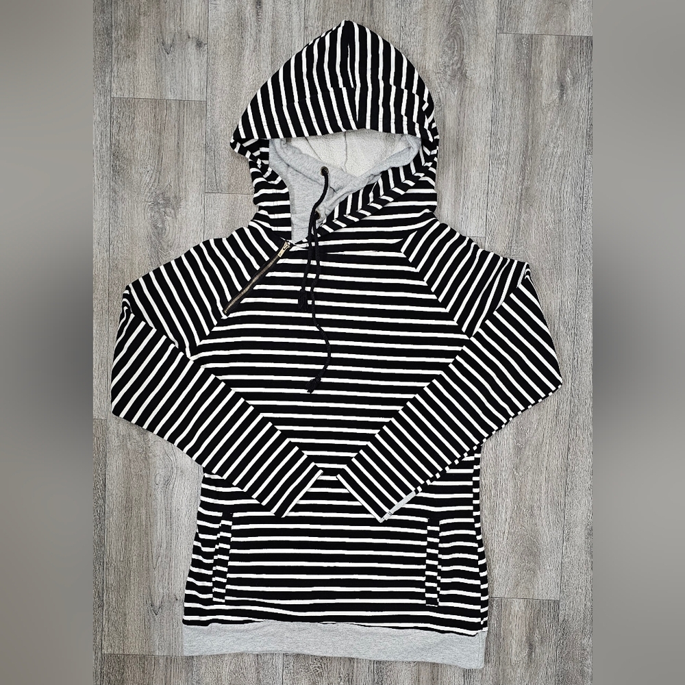 AMPERSAND AVE Black and White Striped Double Hood Hoodie-Size 3XL
